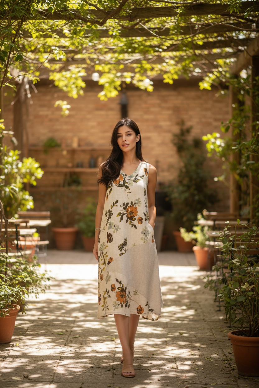 Woman wearing a floral dress on a beige background