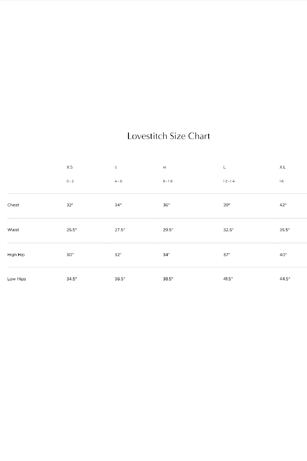 Lovestitch Size Chart on a white background