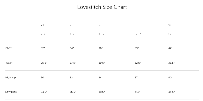 A size chart titled 'Lovestitch Size Chart' with columns for X5, S, M, L, and XL sizes and rows for chest, waist, high hip, and low hip measurements in inches.