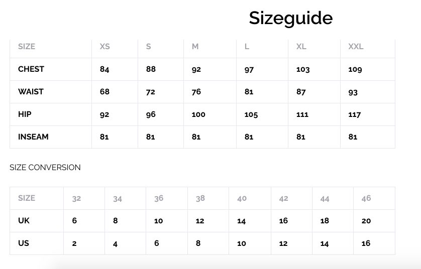 A size guide chart showing measurements for XS, S, M, L, XL, and XXL sizes, with chest, waist, hip, and inseam values, plus a size conversion table below.