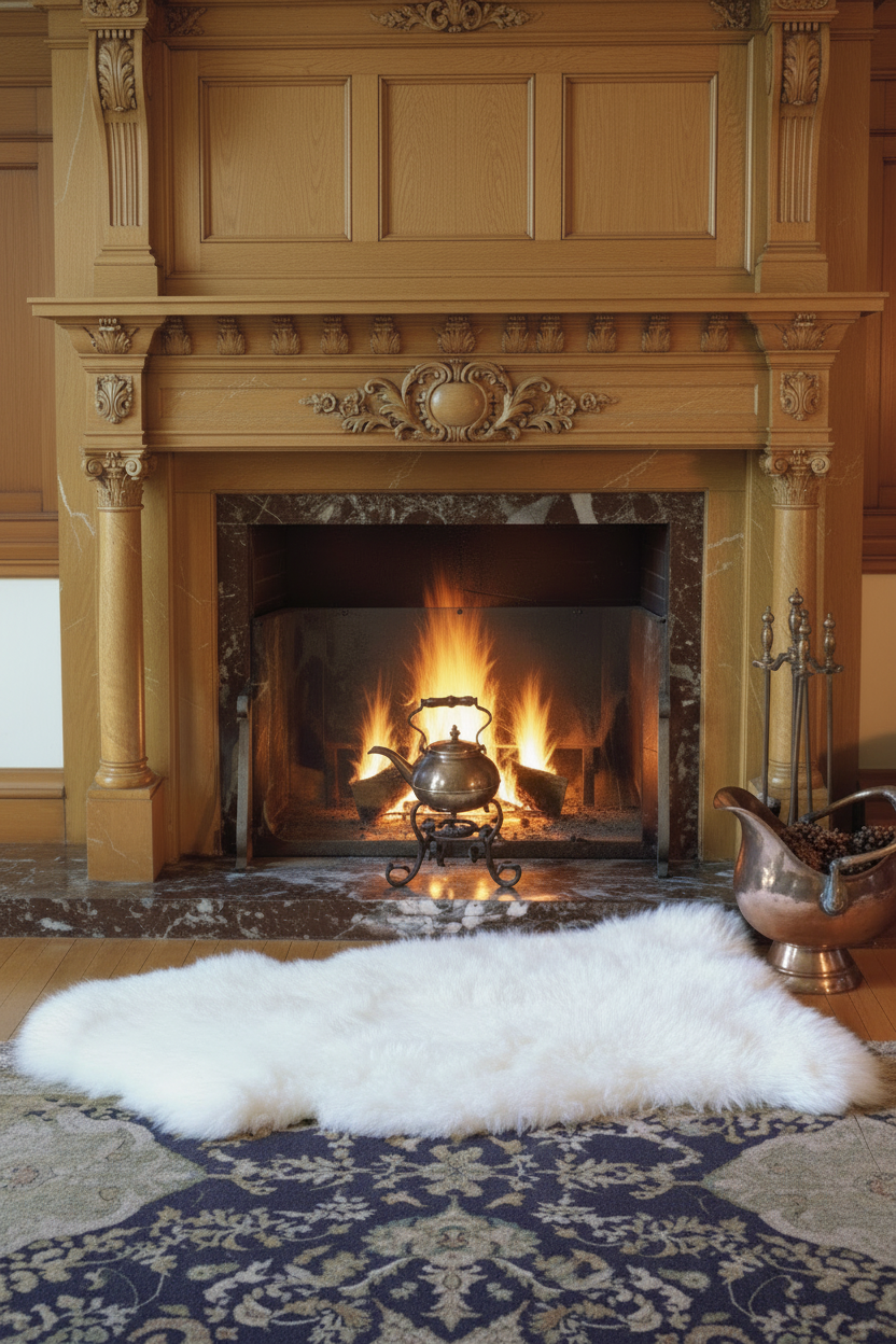 A white sheepskin rug laid out on a floor with a fireplace in the background.