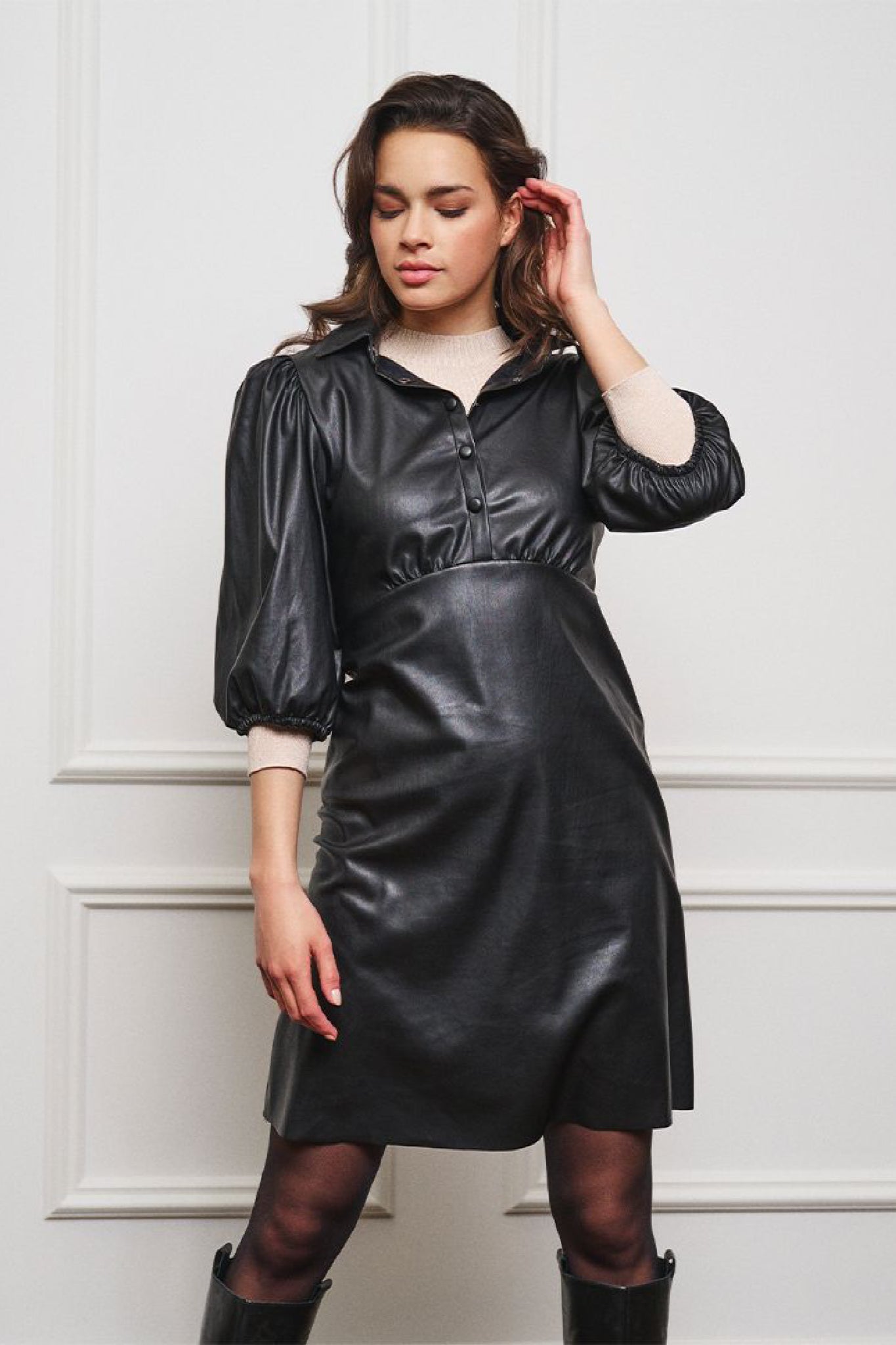 Mini Dress Black Leather Puff Sleeve Dress Short-Sleeve Faux