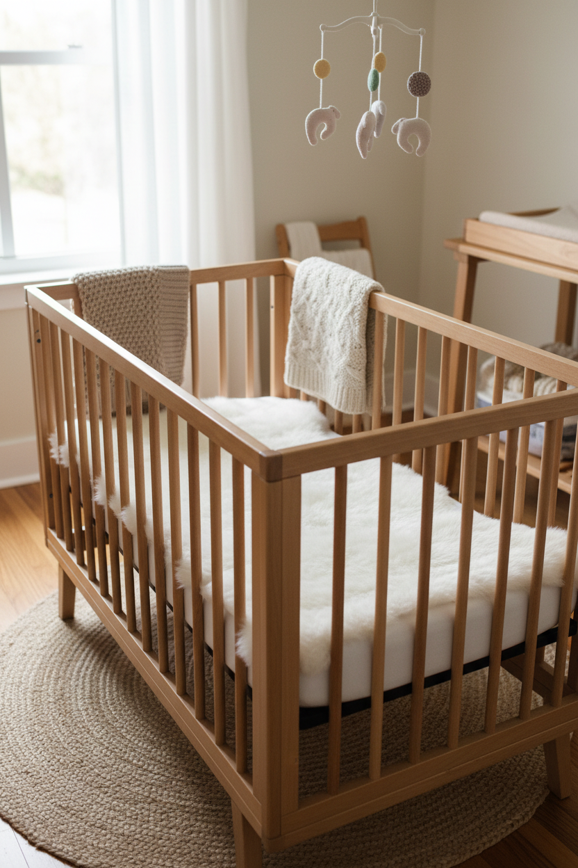 A light natural wood baby crib with white sheepskin rug and a knitted blanket, styled in a bright nursery with a woven rug, changing table, and mobile.