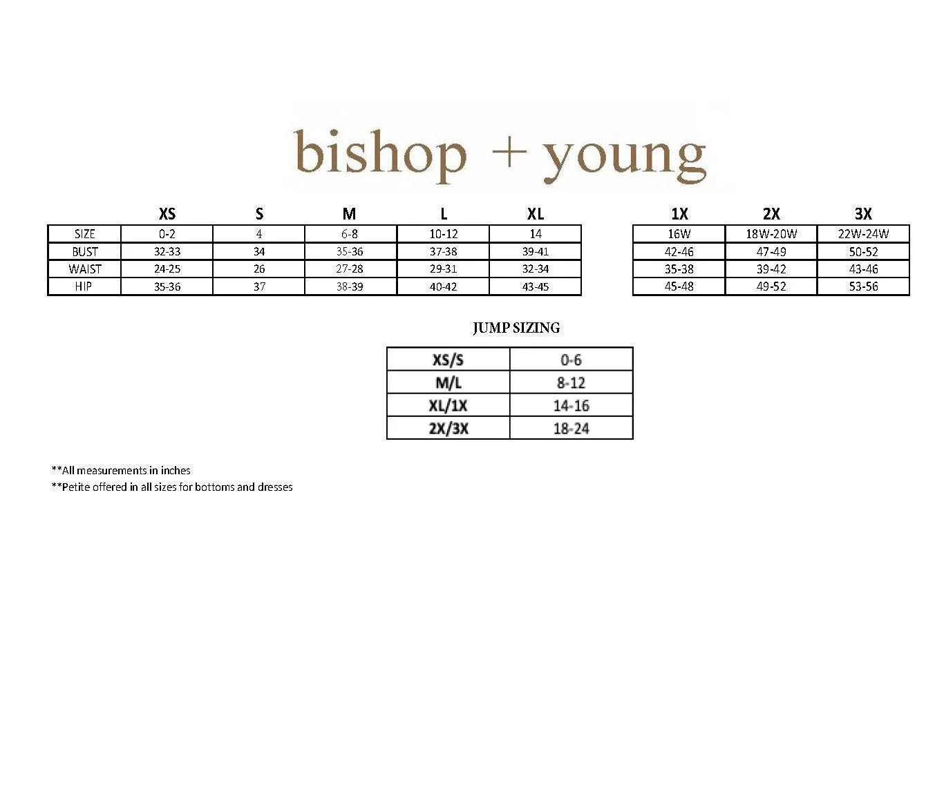 Size chart for 'bishop + young' clothing with measurement details.