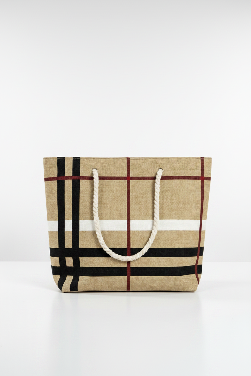 A classic beige tote bag with the iconic check pattern in black, white, and red, featuring thick white rope handles, photographed on a clean white background.
