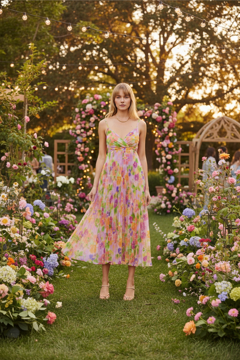 A woman stands in a lush garden wearing a sleeveless midi dress with a pastel multicolor floral print. The dress features a gathered waist and a flowing skirt.
