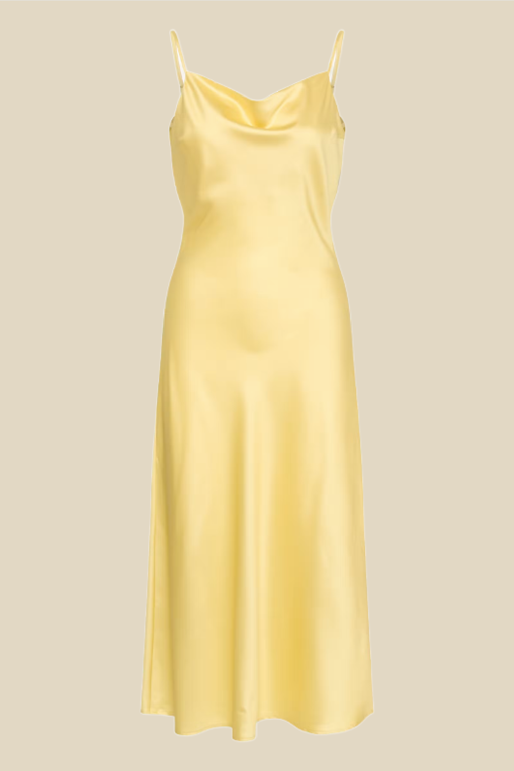 A pale yellow satin slip dress with spaghetti straps and a draped neckline, shown against a solid light beige background.