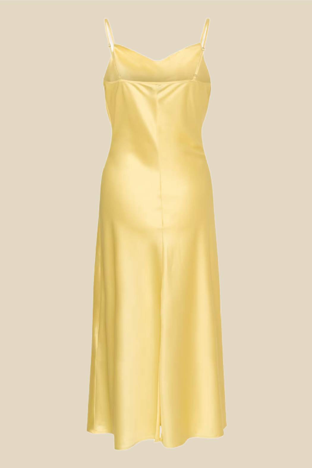 A pale yellow satin slip dress with thin spaghetti straps shown against a solid beige background.