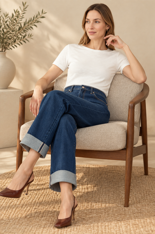 A woman sits in a modern upholstered armchair wearing a white short-sleeve top, dark blue cuffed jeans, and brown heels in a warm neutral interior.