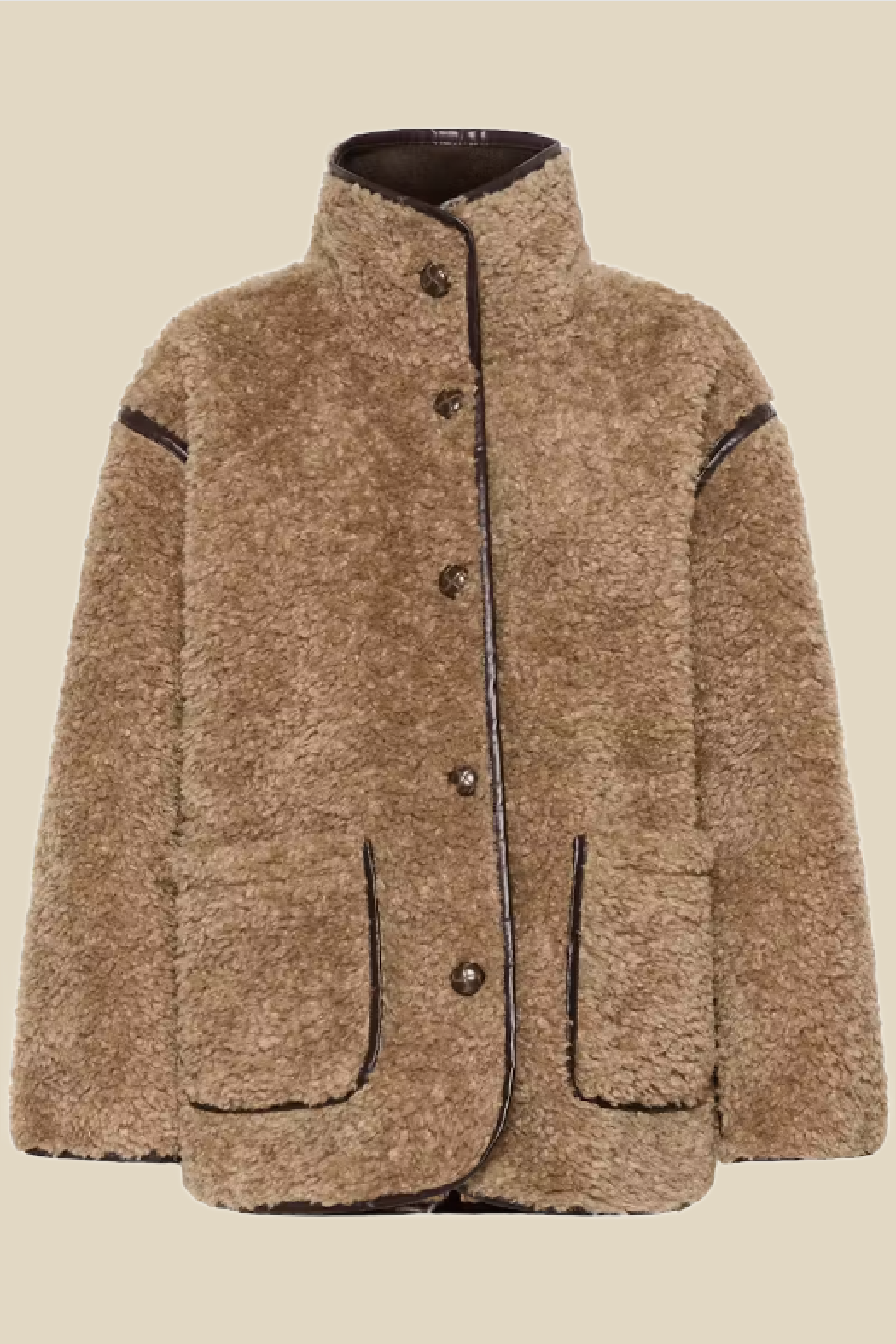 A brown sherpa fleece jacket with dark brown trim and button details, shown against a solid beige background.