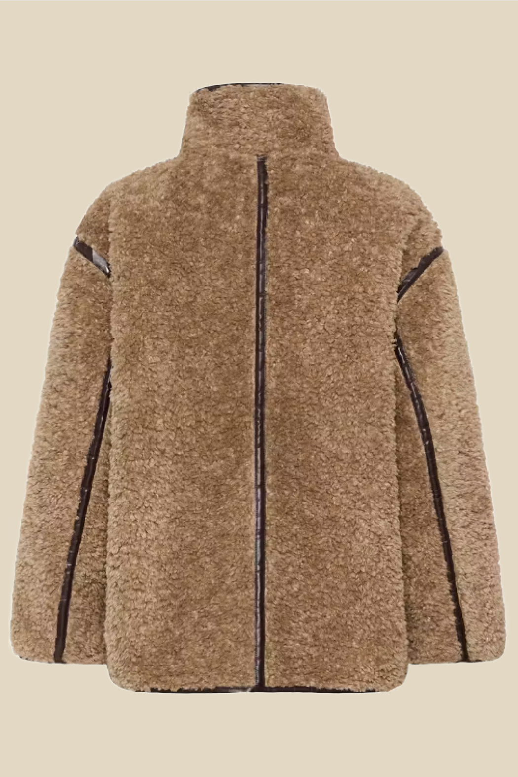 A brown sherpa fleece jacket with black contrast stitching and a black center zipper, shown from the back on a solid beige background.