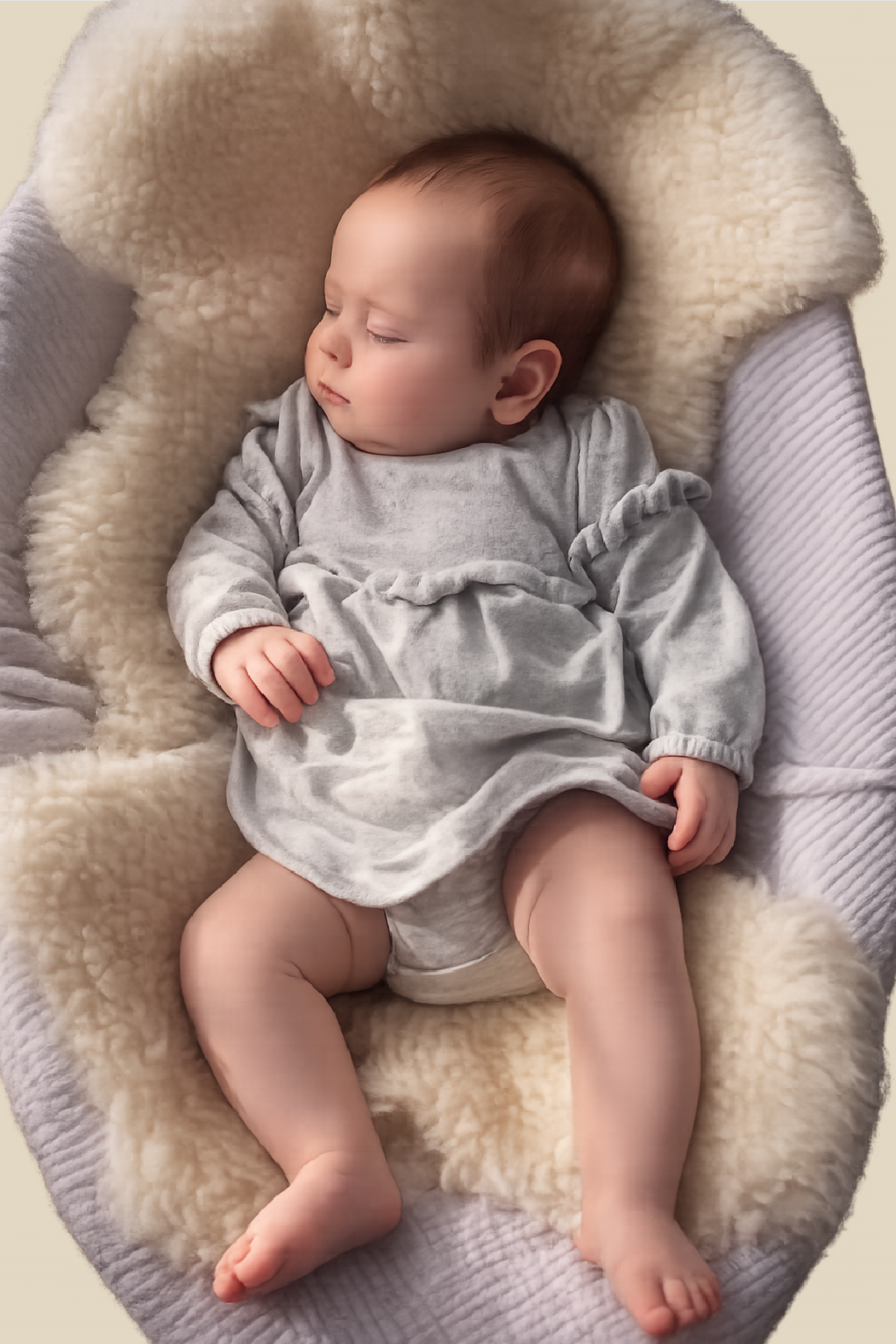 A sleeping baby wearing a light gray long-sleeve romper, sitting in a soft cream sheepskin rug or chair against a warm beige background.