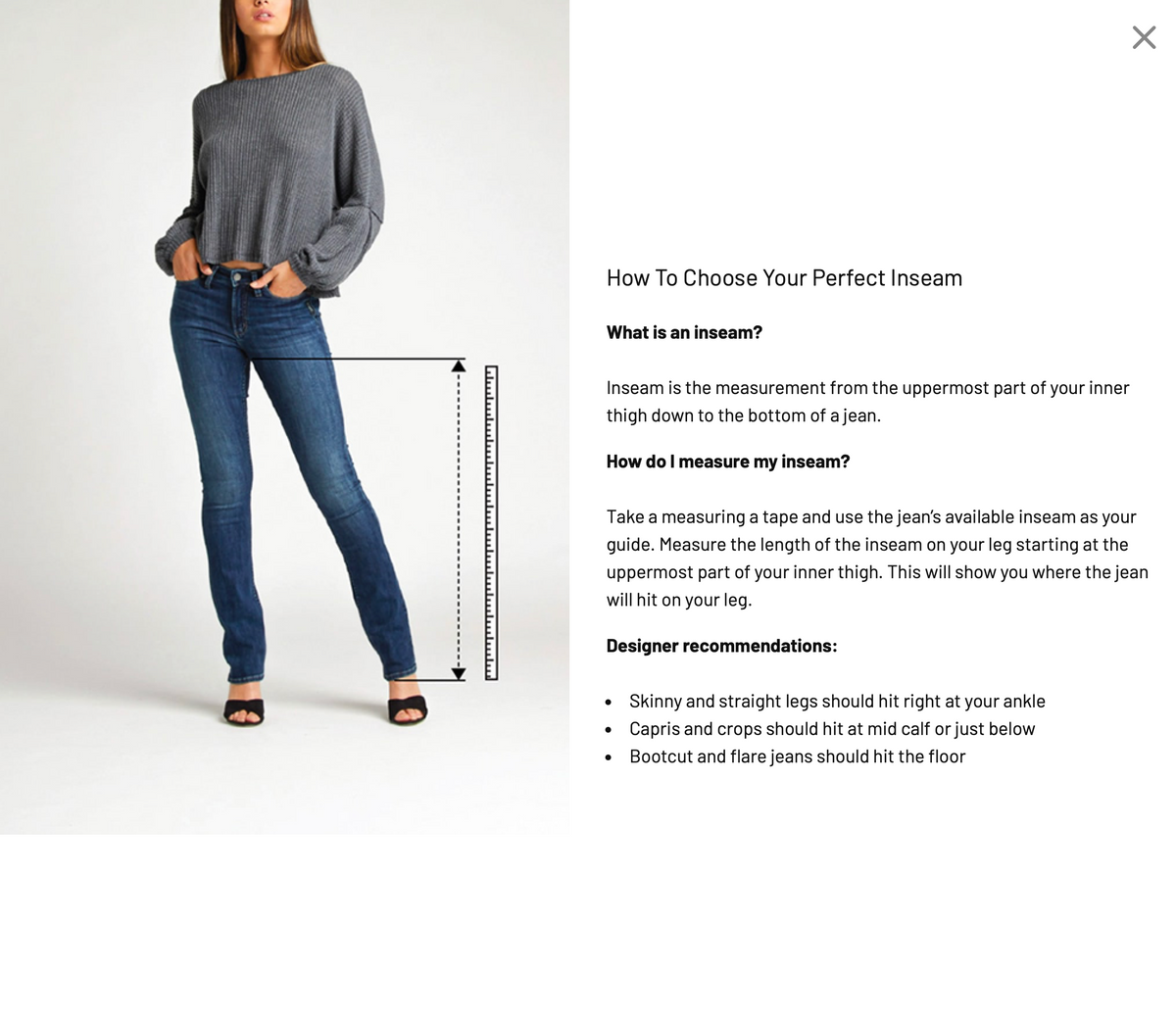 An informational apparel sizing graphic showing a woman modeling blue jeans on the left with a measurement callout labeled for inseam length, and text on the right explaining how to choose an inseam measurement.