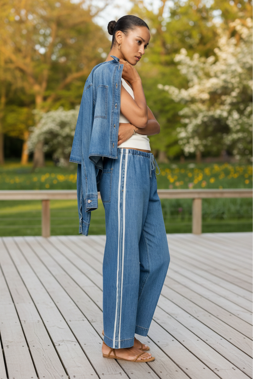A woman stands on a wooden deck outdoors wearing wide-leg blue denim pants with white side stripes, a matching blue denim jacket draped off her shoulders, and a white tank top.