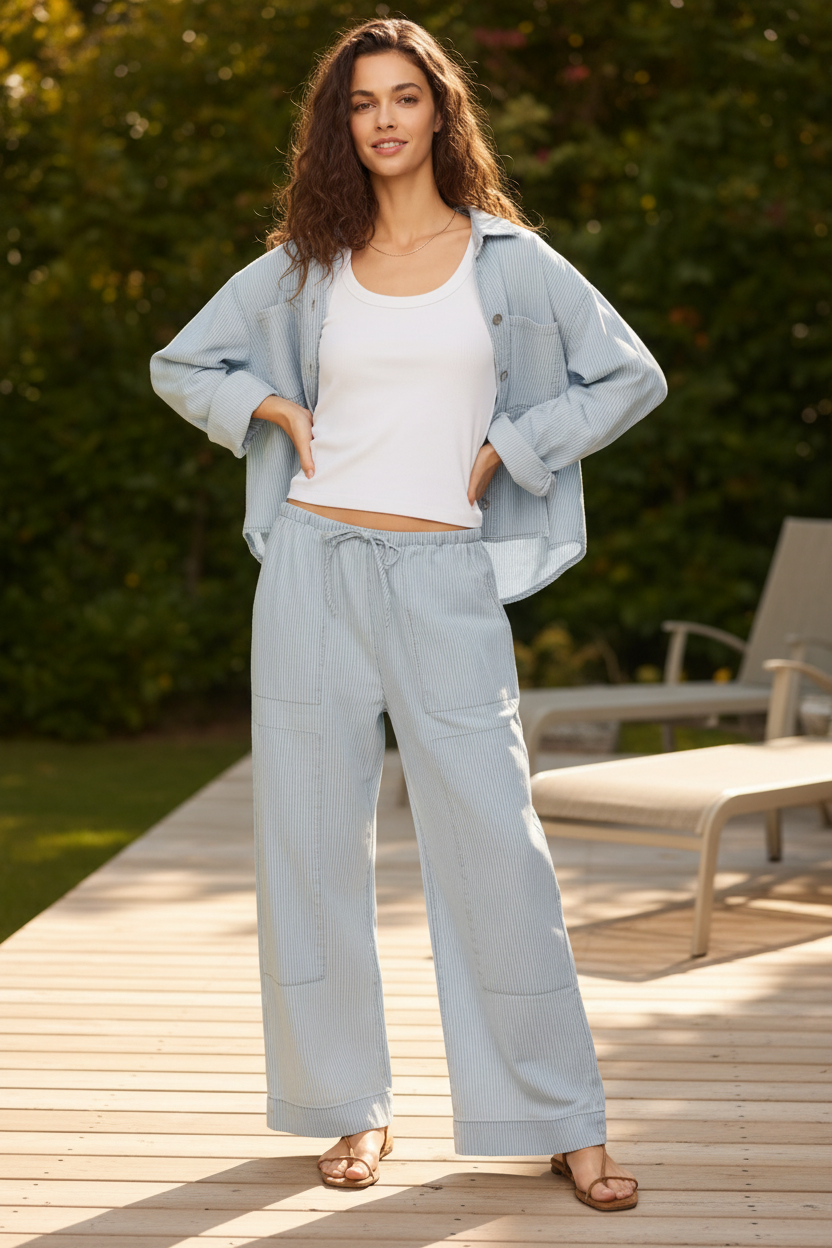A woman stands on a wooden deck outdoors wearing a light blue denim jacket and matching wide-leg drawstring pants over a white tank top, with brown sandals. Trees and patio furniture are blurred in the background.