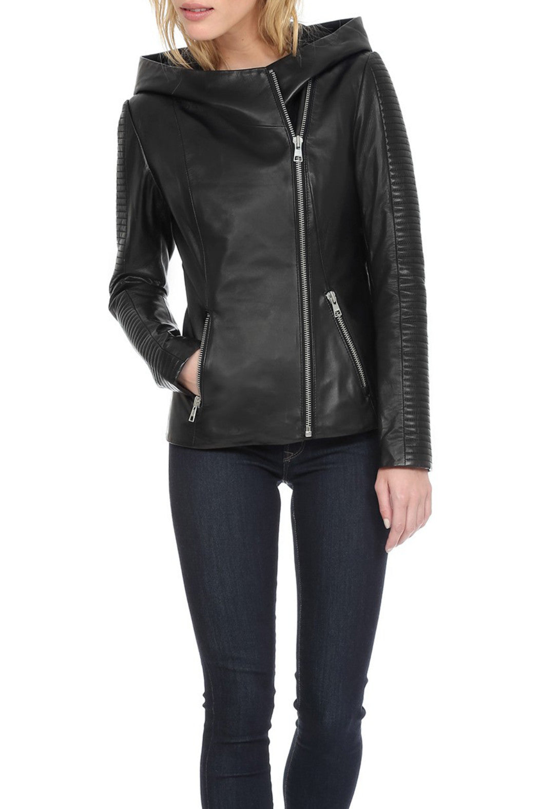 Lexine Leather Jacket with Quilted Sleeves