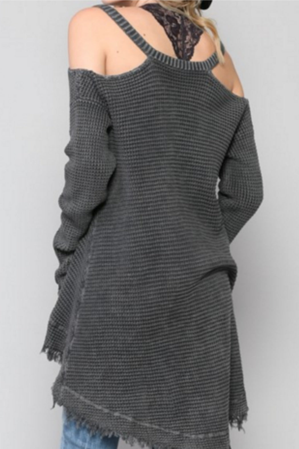 Cold Shoulder Waffle Knit Long Sleeve Hi-lo Pull Over Sweater Top